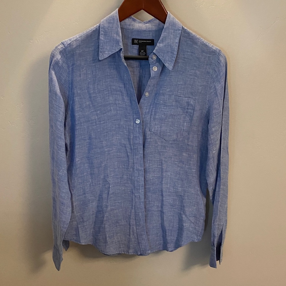 INC Light Blue Linen-Blend Casual Button-Down Top